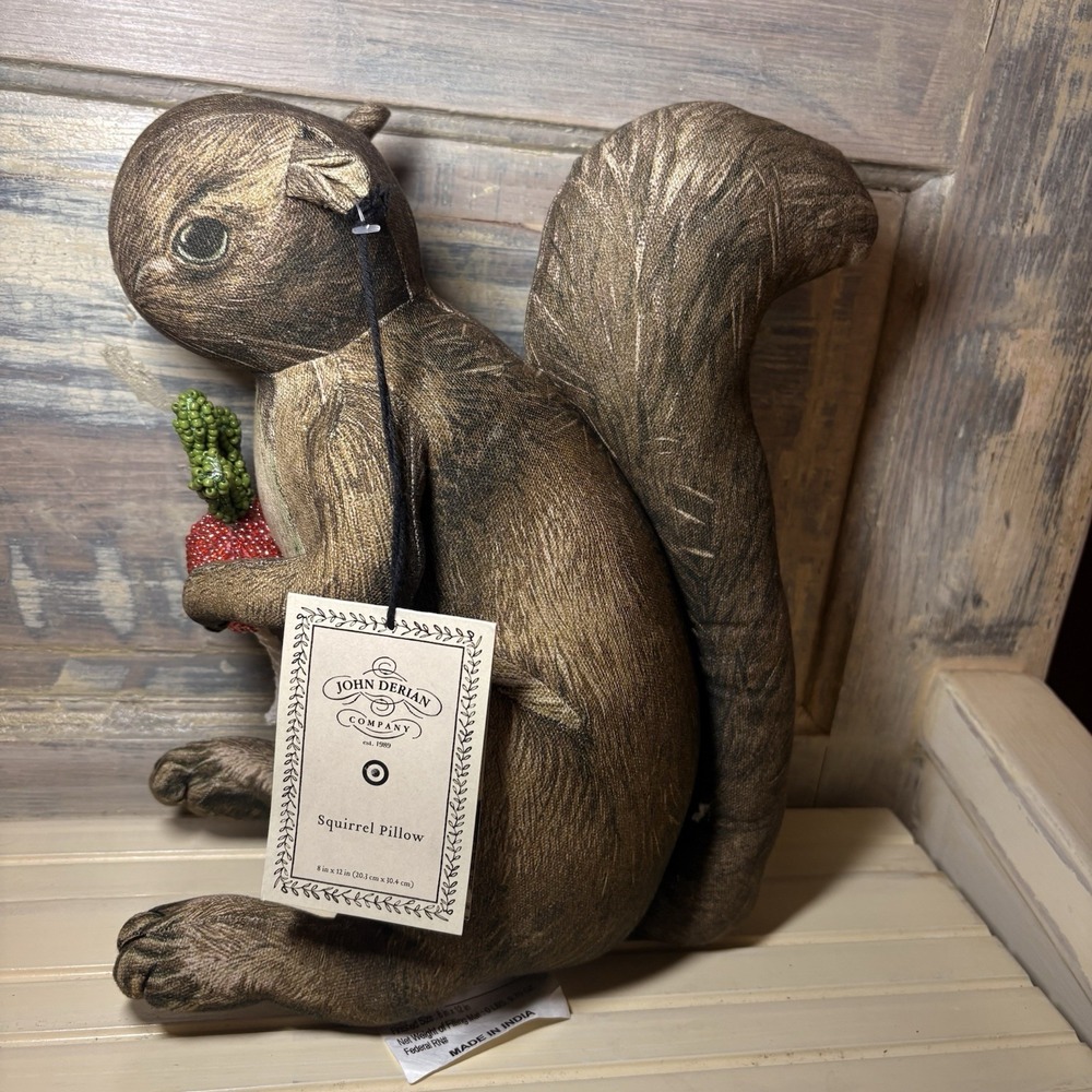 John Derian for Target 2025 Plush Woodland Squirrel holding Radish Pillow 8x12in